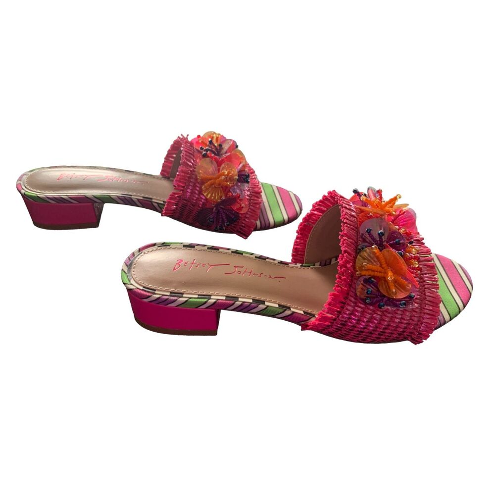 Betsey Johnson Floral Beaded Slide Sandals Pink Striped Size 6 Worn Once - Picture 4 of 6